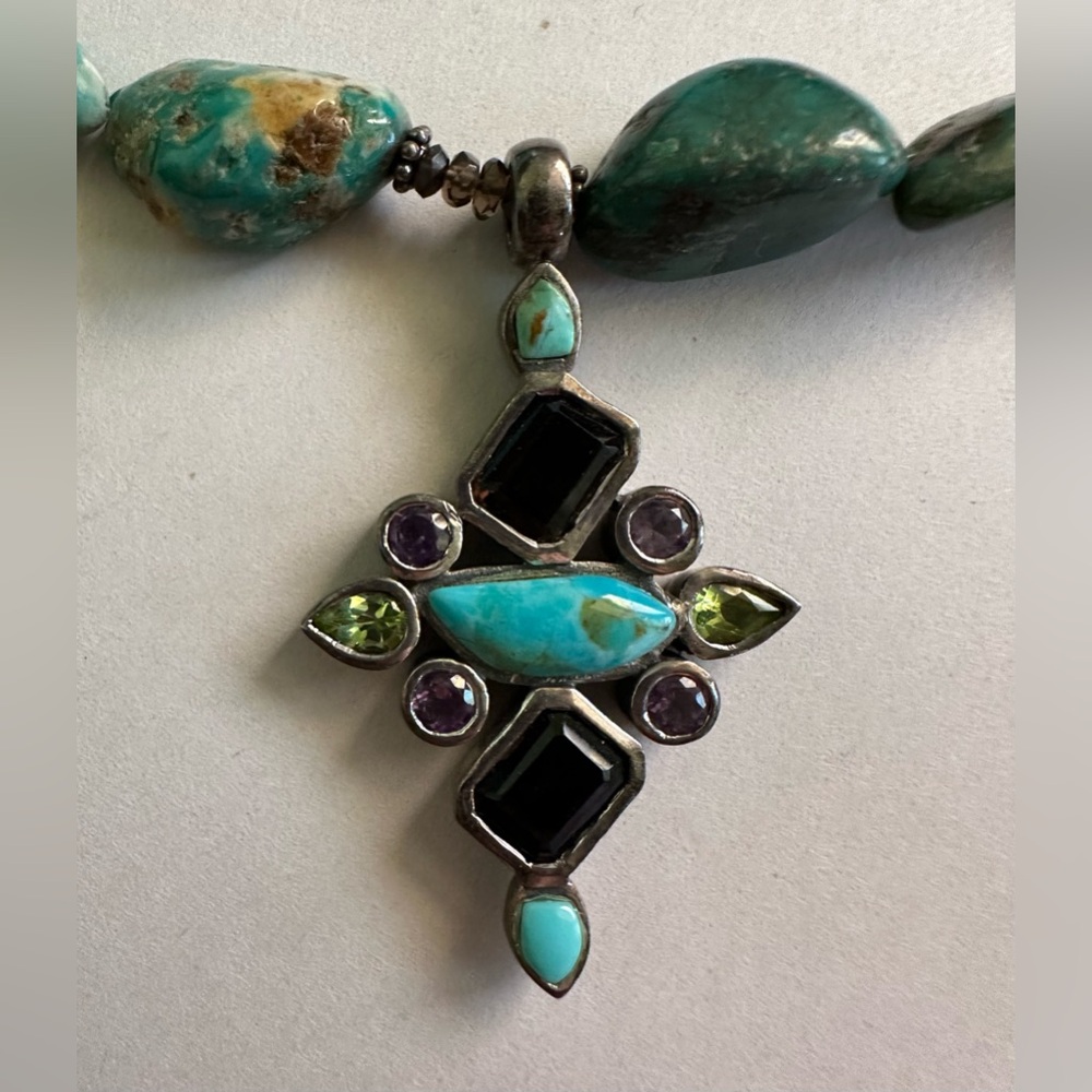 Sterling Silver Turquoise Multi-Gem Necklace: Garnet, Amethyst & Peridot - Picture 3 of 6
